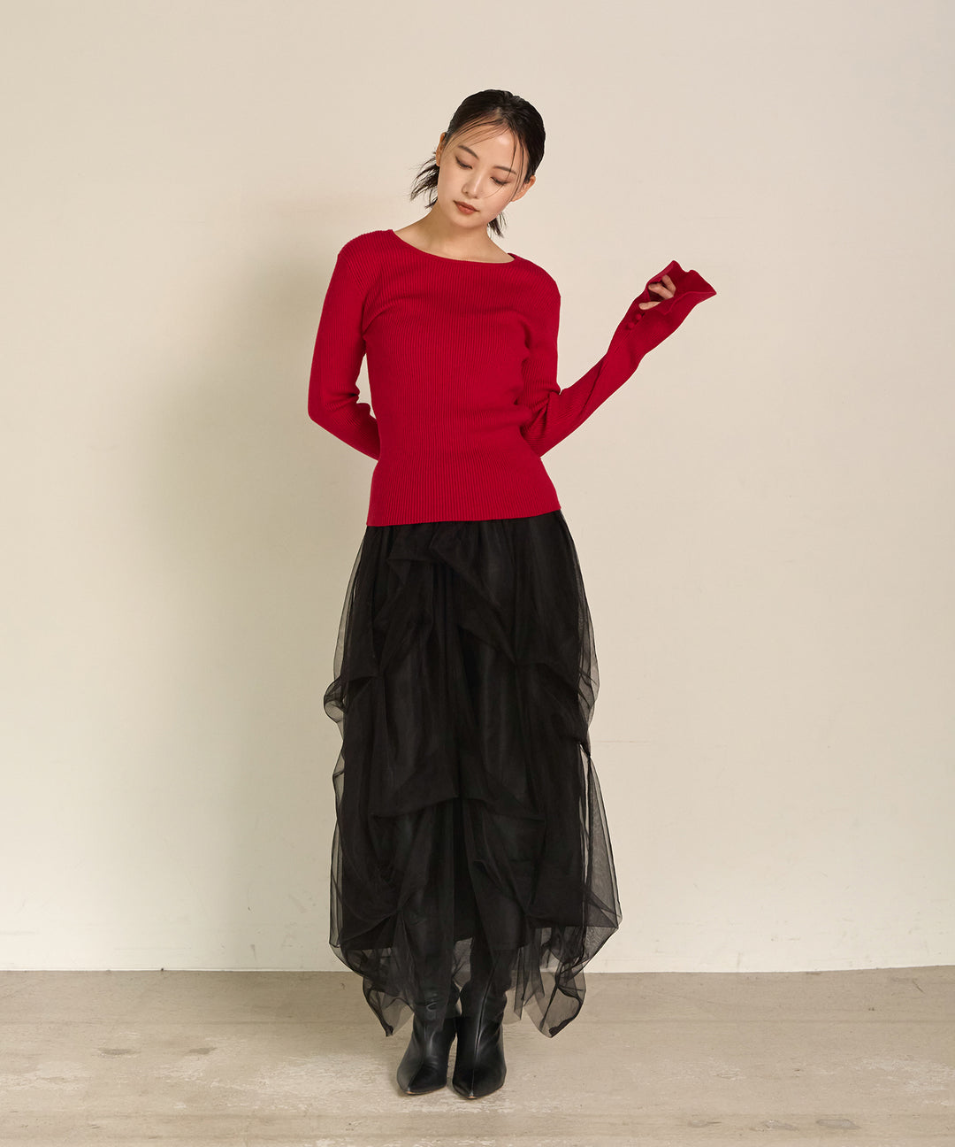 [SET]Smooth Soft Flare Sleeve Top+Melody Tuck Tulle Skirt