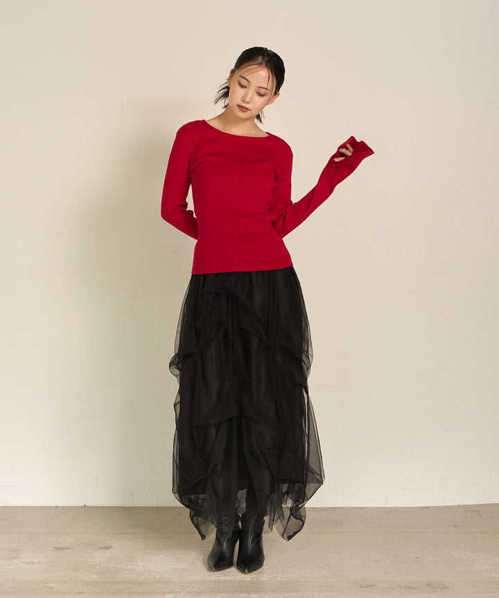 [SET]Smooth Soft Flare Sleeve Top+Melody Tuck Tulle Skirt
