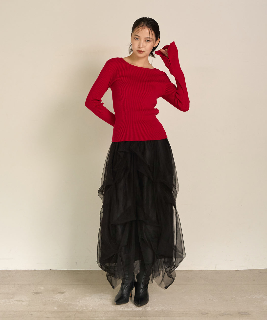 [SET]Smooth Soft Flare Sleeve Top+Melody Tuck Tulle Skirt