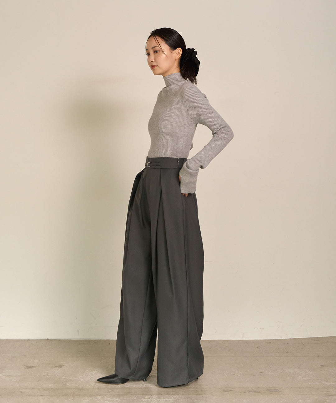 [SET]Double Chester Check Coat+Smooth Soft H/N Top+Wrap Belt Wide Slacks