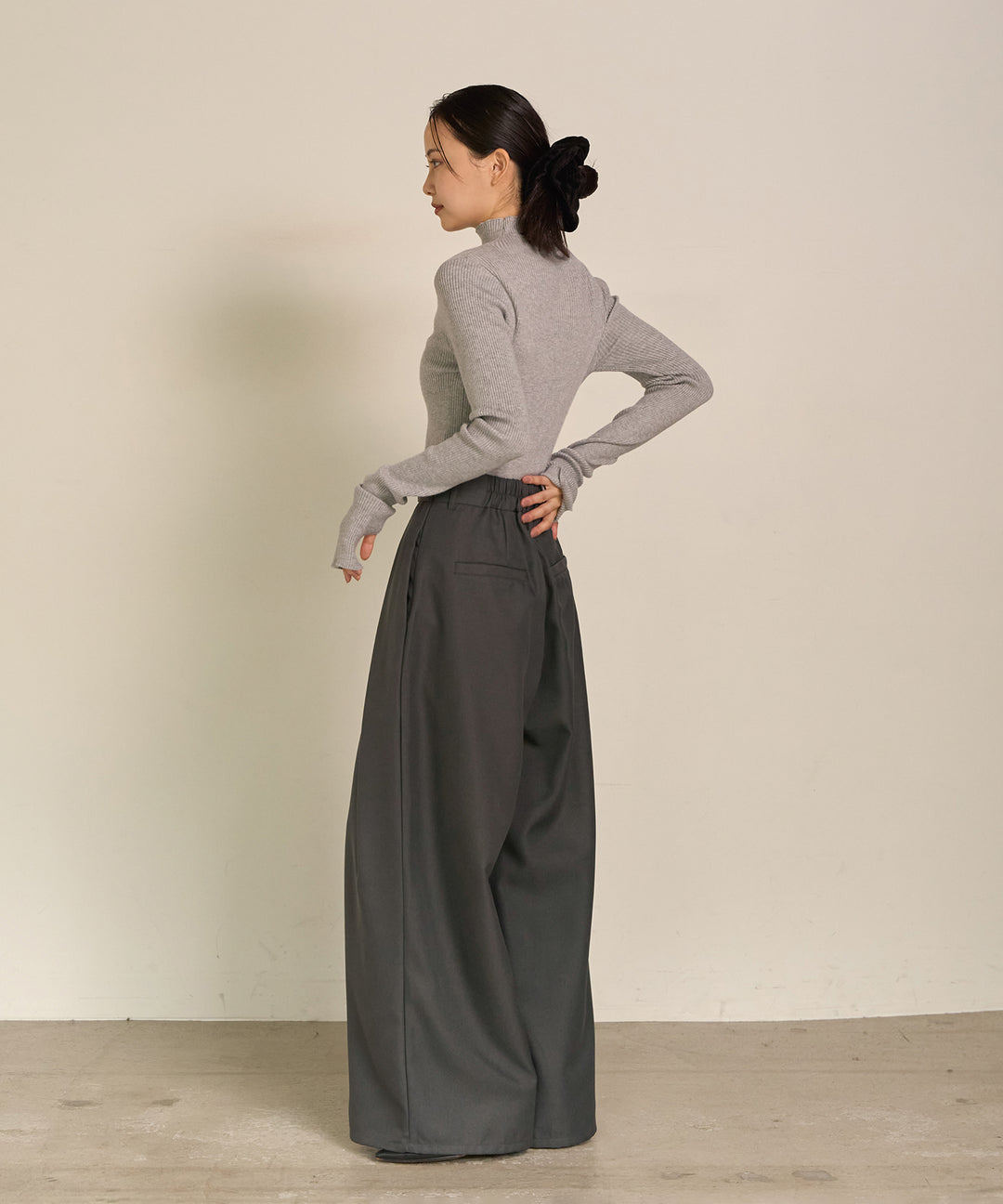 [SET]Double Chester Check Coat+Smooth Soft H/N Top+Wrap Belt Wide Slacks