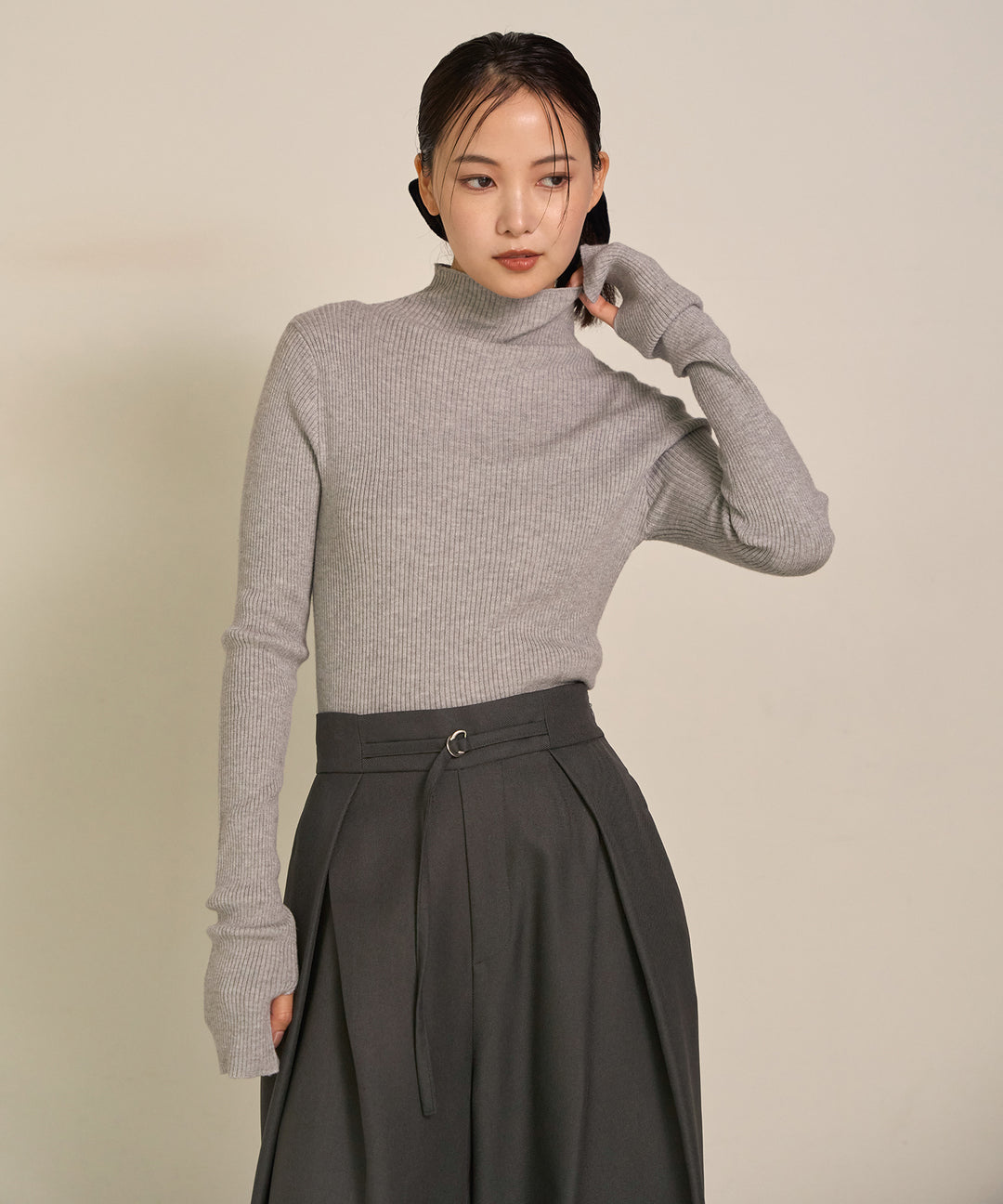 [SET]Double Chester Check Coat+Smooth Soft H/N Top+Wrap Belt Wide Slacks