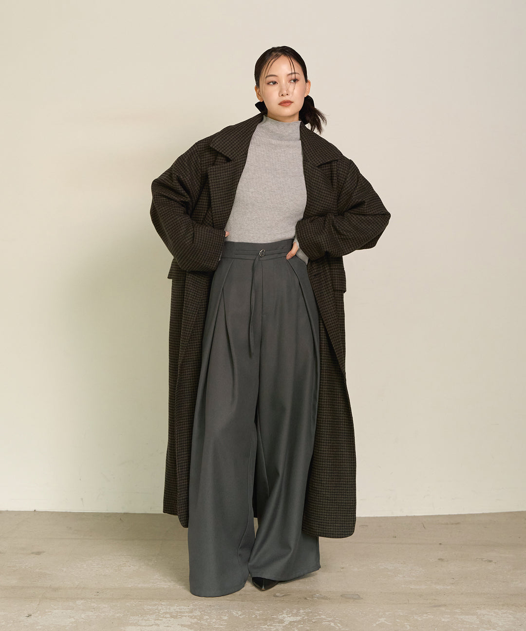 [SET]Double Chester Check Coat+Smooth Soft H/N Top+Wrap Belt Wide Slacks