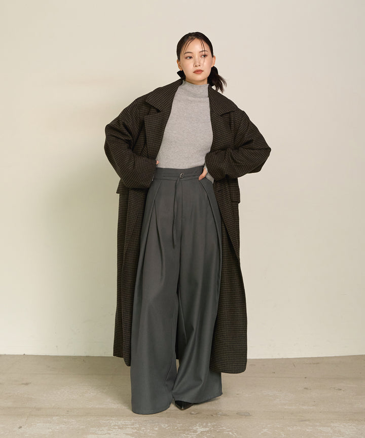 [SET]Double Chester Check Coat+Smooth Soft H/N Top+Wrap Belt Wide Slacks