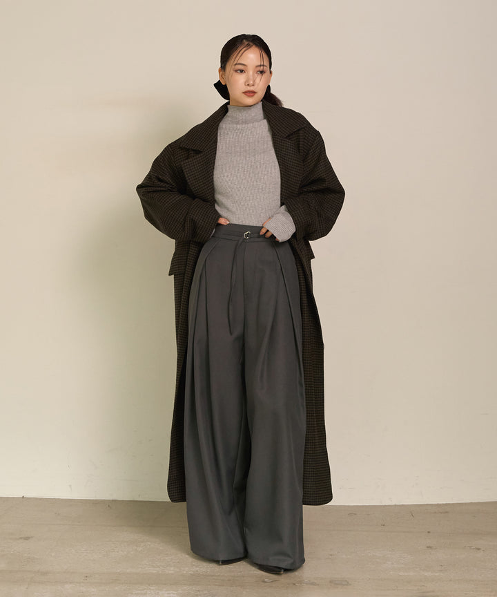 [SET]Double Chester Check Coat+Smooth Soft H/N Top+Wrap Belt Wide Slacks