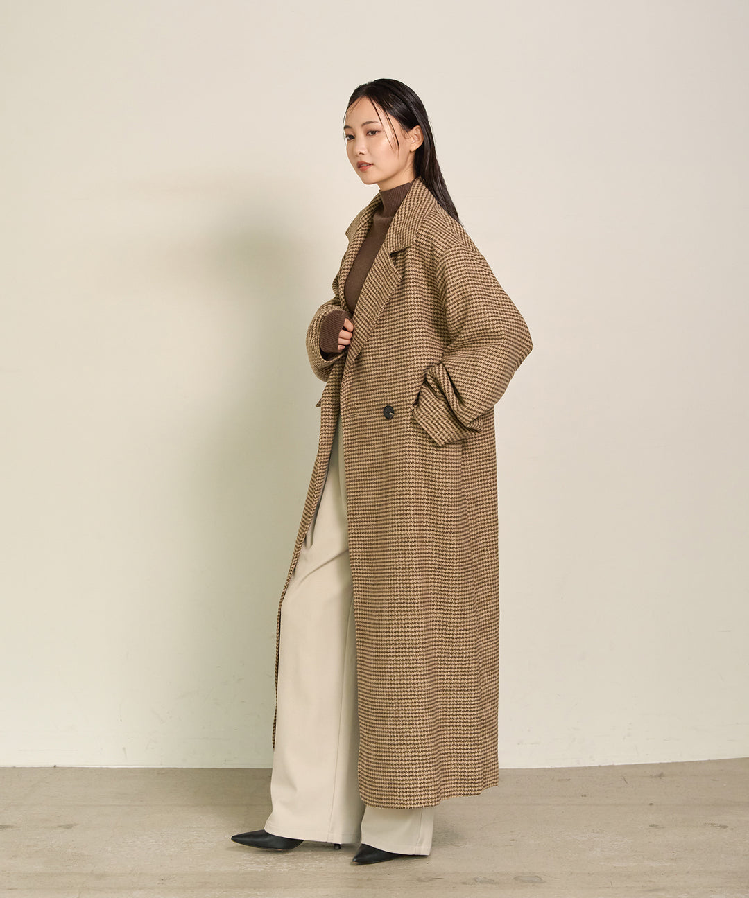 [SET]Double Chester Check Coat+Smooth Soft H/N Top+Wrap Belt Wide Slacks