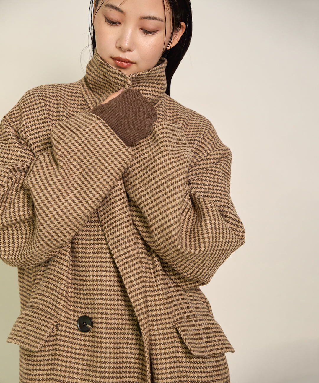 (eliuu)Double Chester Check Coat