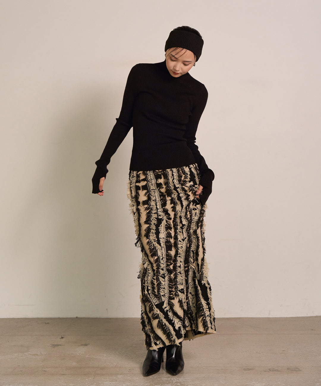 (eliuu)Pattern Fringe Knit Skirt