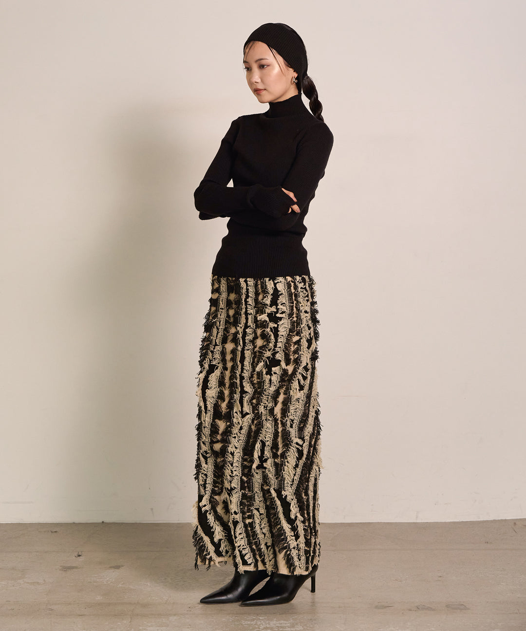 (eliuu)Pattern Fringe Knit Skirt