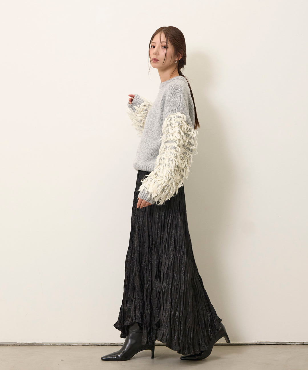 [SET]Loop Mix P/O Knit+Random Pleat Gloss SK