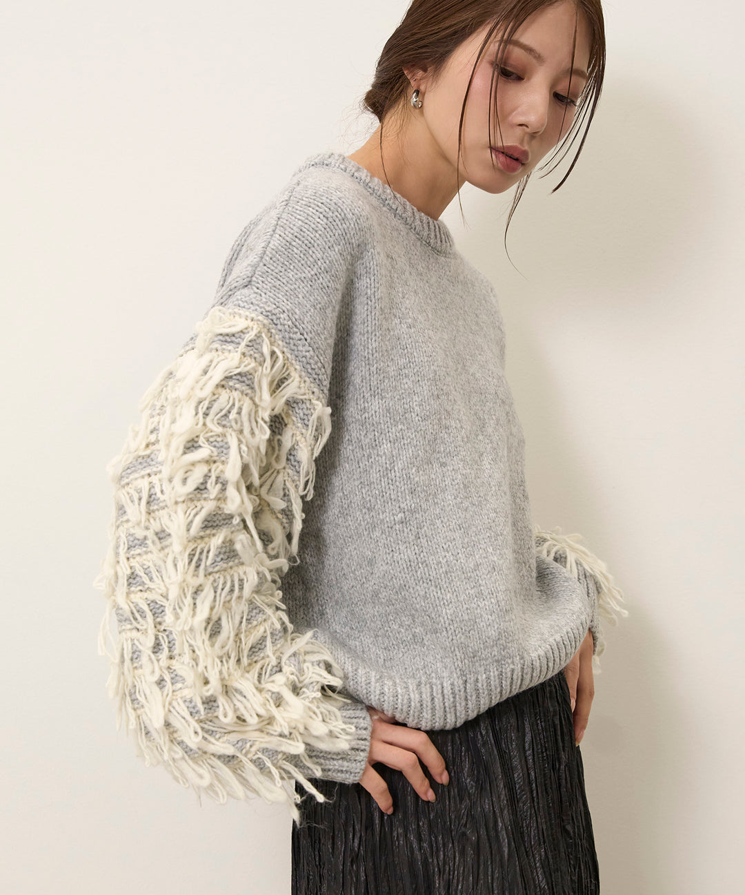[SET]Loop Mix P/O Knit+Random Pleat Gloss SK