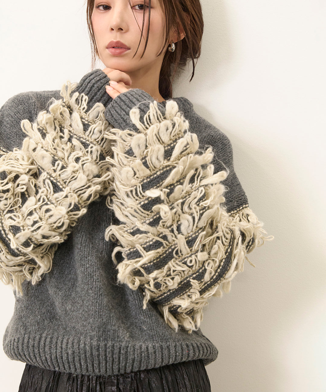 [SET]Loop Mix P/O Knit+Random Pleat Gloss SK