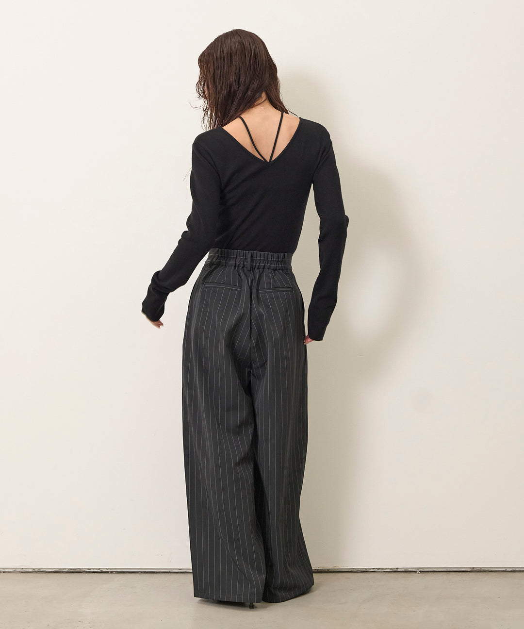 [SET]Smooth Soft Choker 2way Knit Top+Pinstripe Wide Tuck Slacks