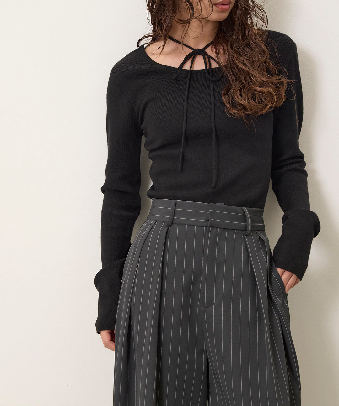 (eliuu)Smooth Soft Choker 2way Knit Top