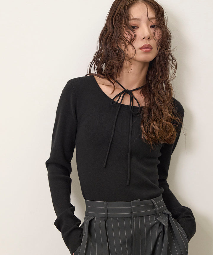 (eliuu)Smooth Soft Choker 2way Knit Top