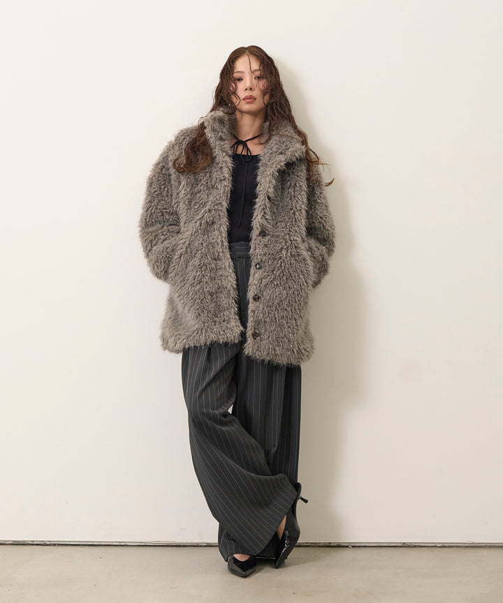 [SET]Smooth Soft Choker 2way Knit Top+Pinstripe Wide Tuck Slacks