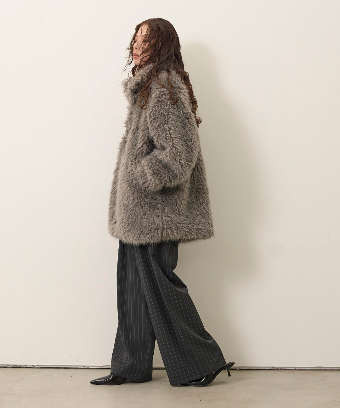 (eliuu)Pinstripe Wide Tuck Slacks