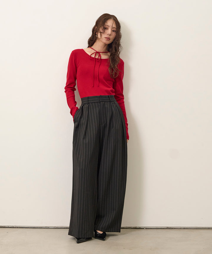 [SET]Smooth Soft Choker 2way Knit Top+Pinstripe Wide Tuck Slacks