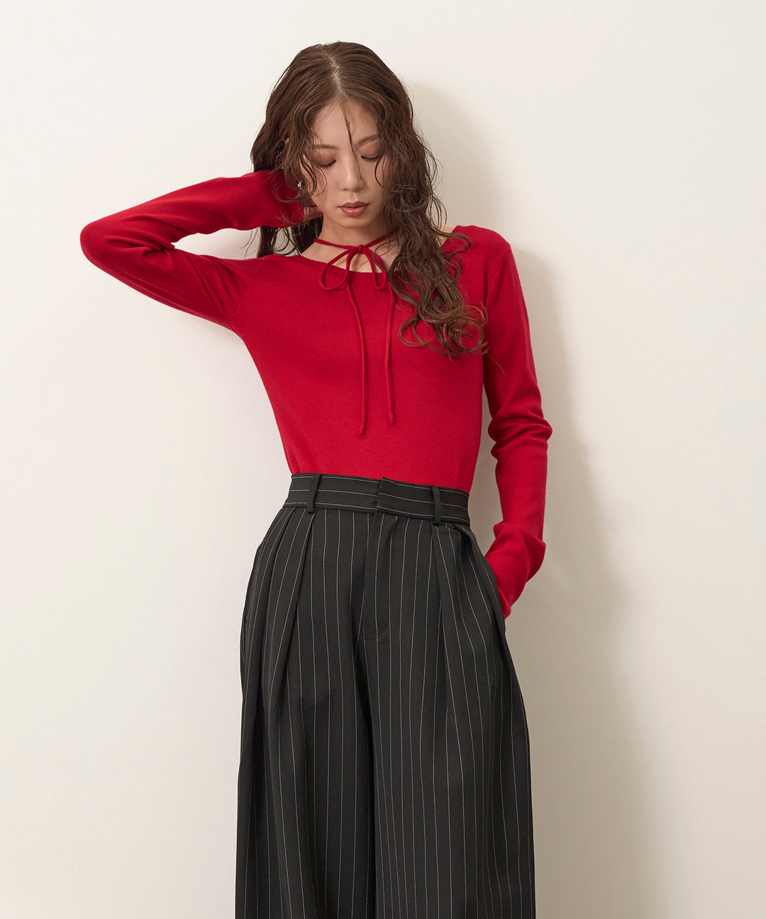 [SET]Smooth Soft Choker 2way Knit Top+Pinstripe Wide Tuck Slacks