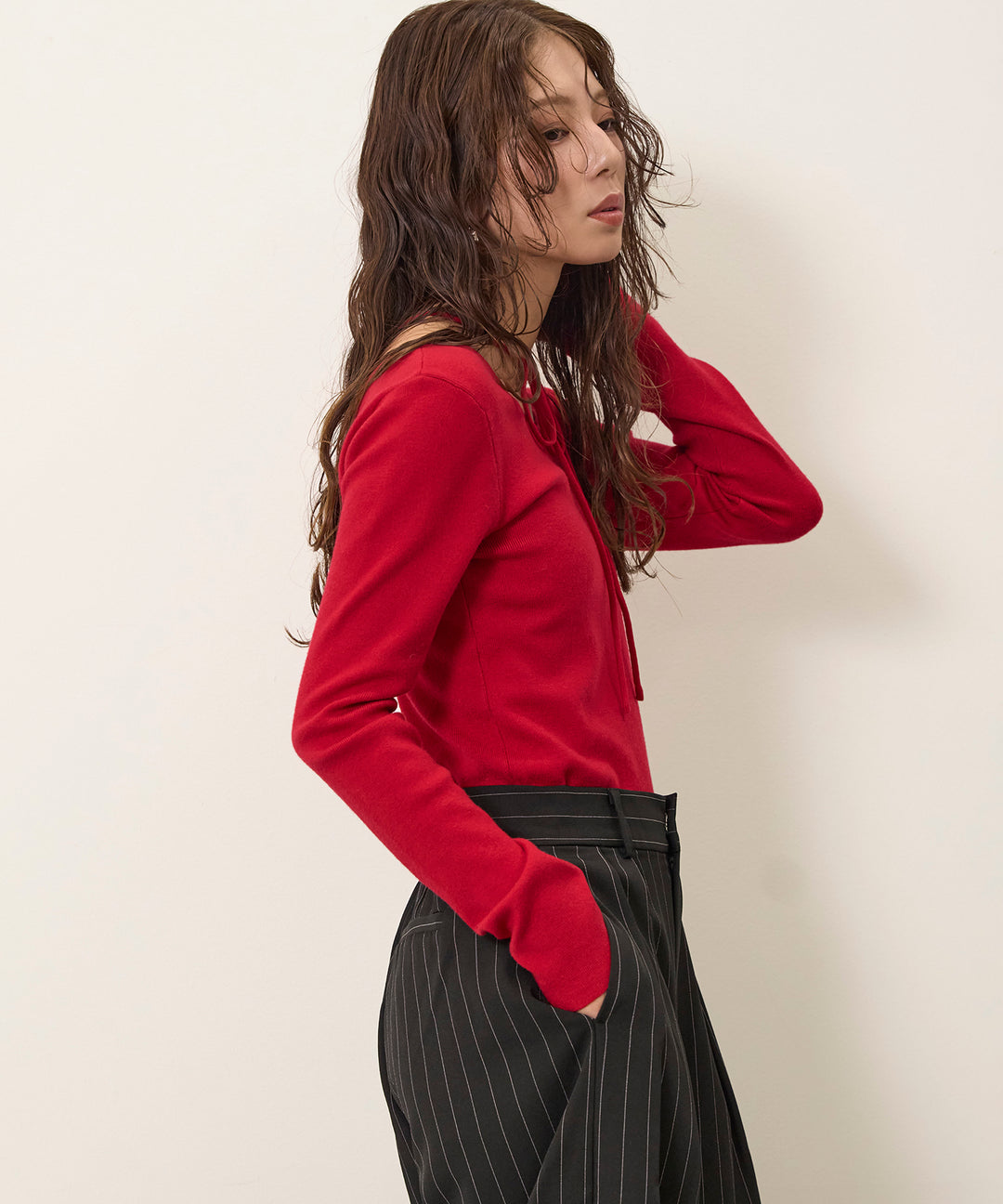 (eliuu)Smooth Soft Choker 2way Knit Top