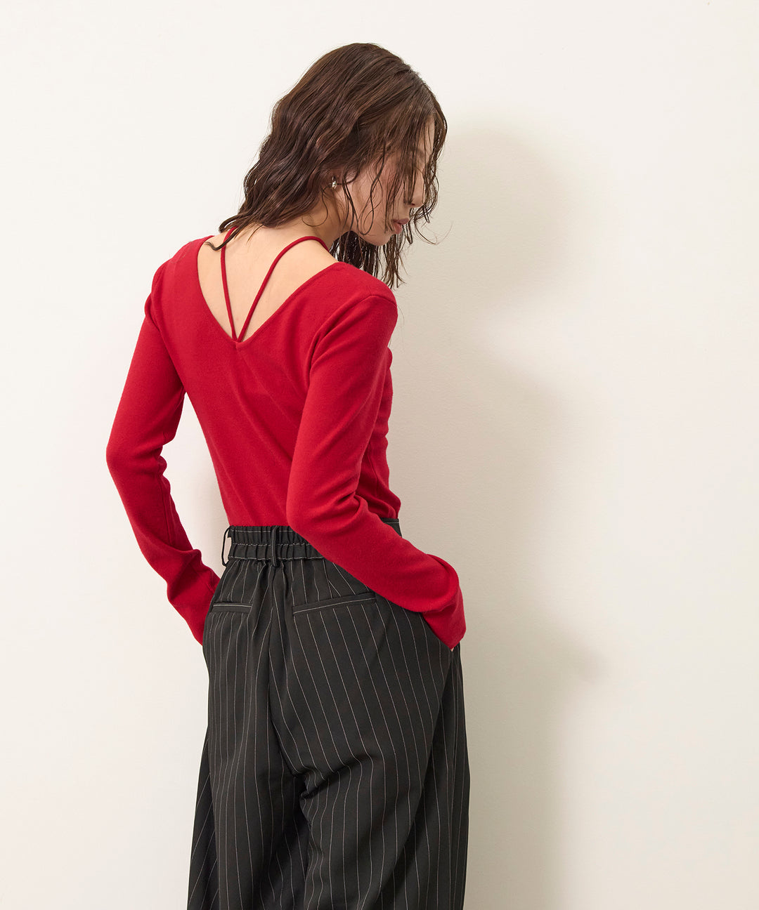 [SET]Smooth Soft Choker 2way Knit Top+Pinstripe Wide Tuck Slacks
