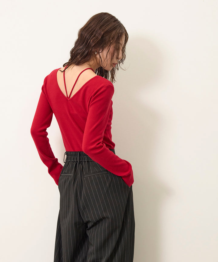 [SET]Smooth Soft Choker 2way Knit Top+Pinstripe Wide Tuck Slacks