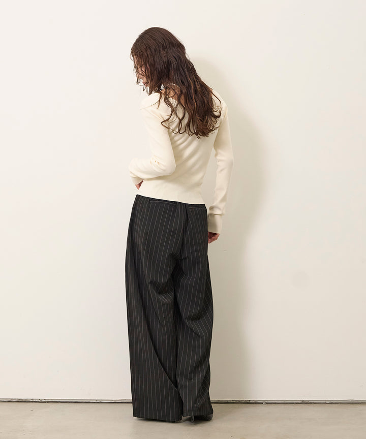 [SET]Smooth Soft Choker 2way Knit Top+Pinstripe Wide Tuck Slacks