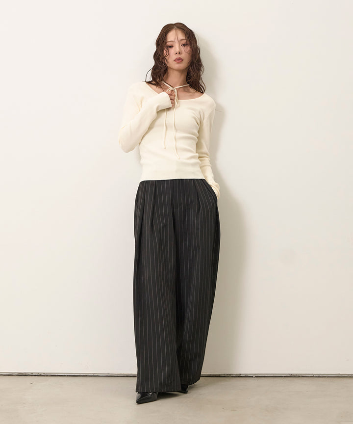 [SET]Smooth Soft Choker 2way Knit Top+Pinstripe Wide Tuck Slacks