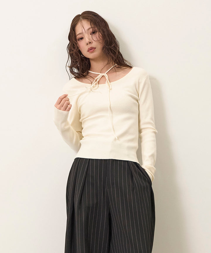 [SET]Smooth Soft Choker 2way Knit Top+Pinstripe Wide Tuck Slacks