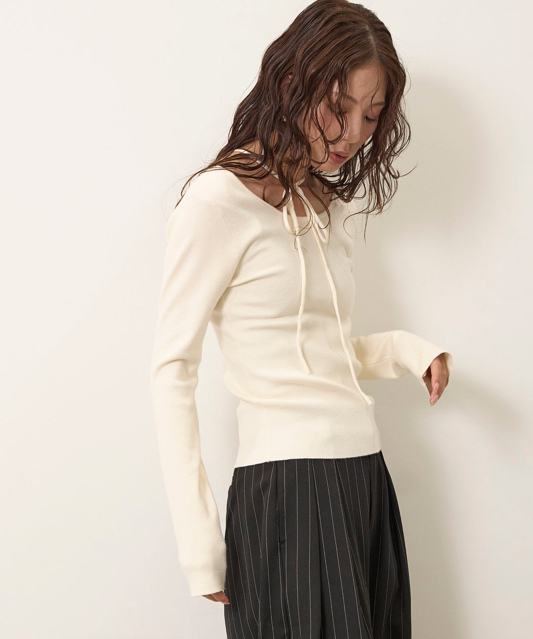 [SET]Smooth Soft Choker 2way Knit Top+Pinstripe Wide Tuck Slacks