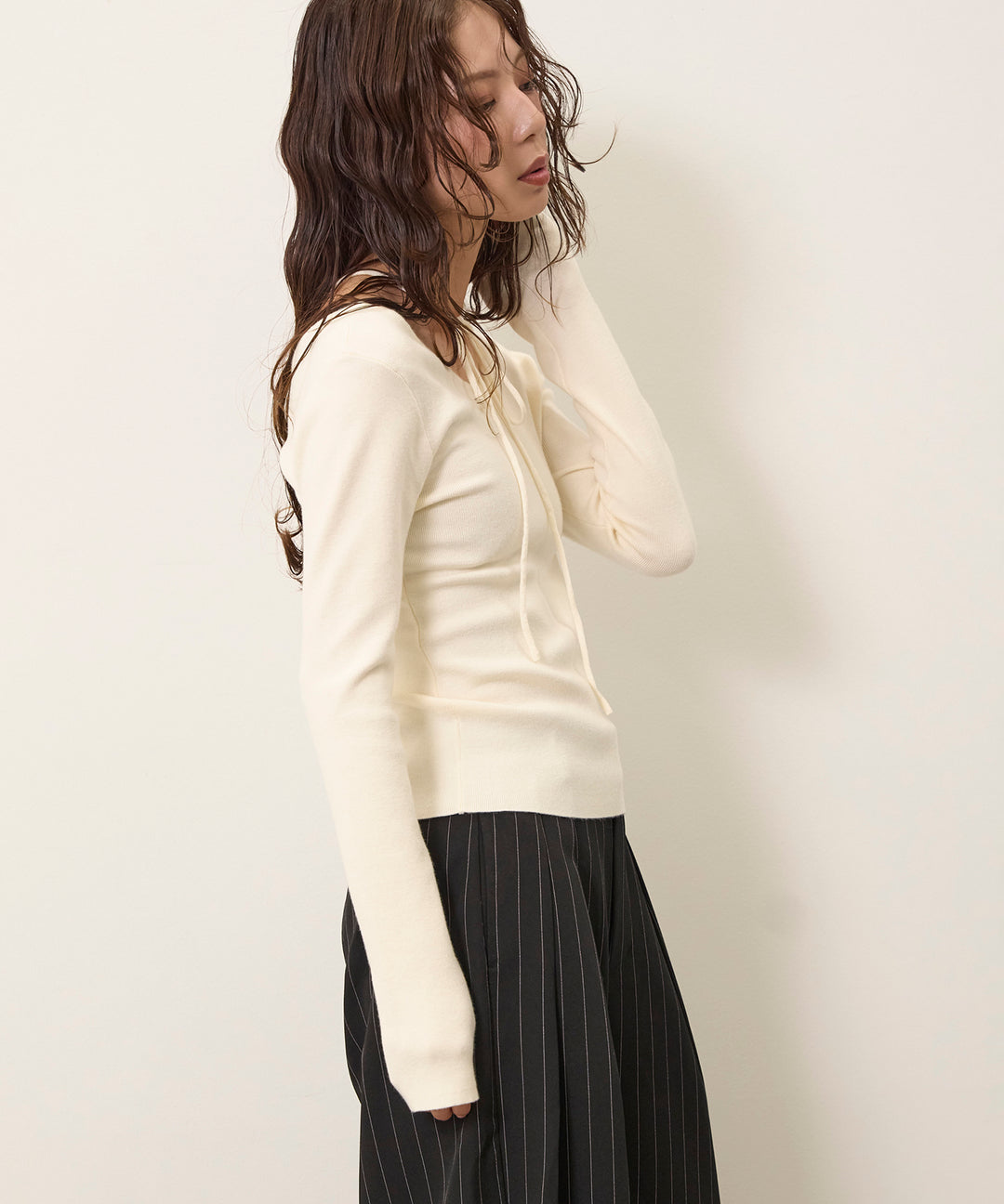 (eliuu)Smooth Soft Choker 2way Knit Top