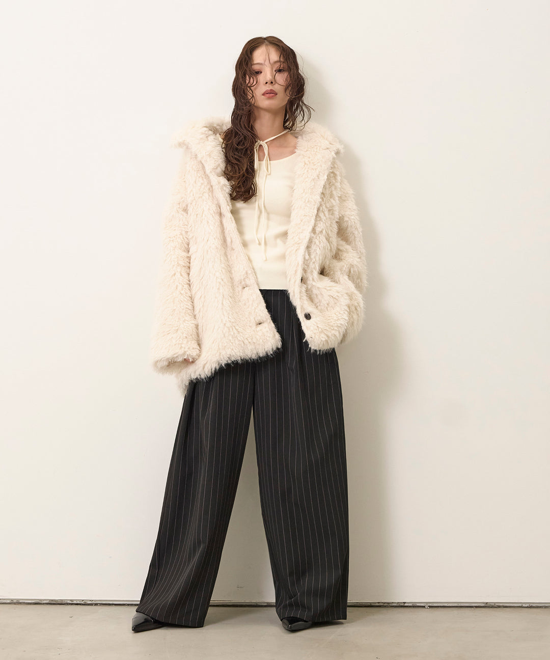 [SET]Smooth Soft Choker 2way Knit Top+Pinstripe Wide Tuck Slacks