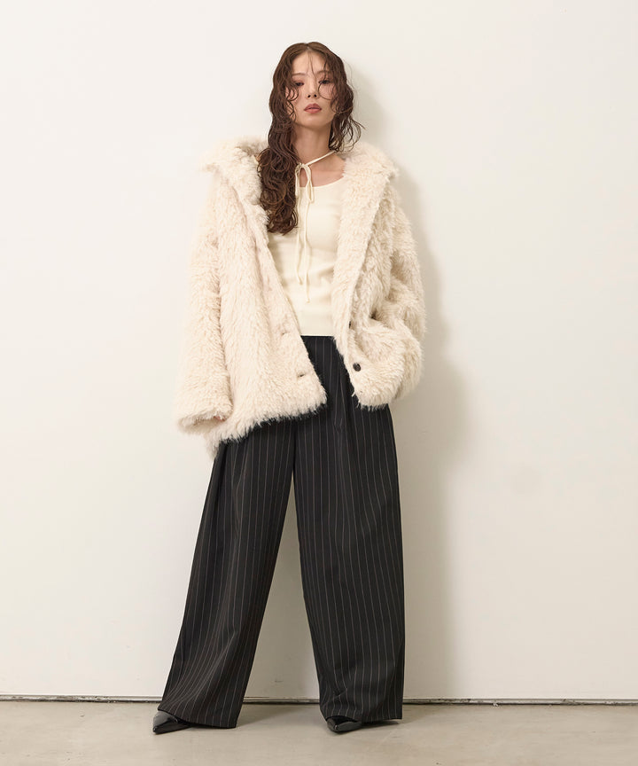 [SET]Smooth Soft Choker 2way Knit Top+Pinstripe Wide Tuck Slacks