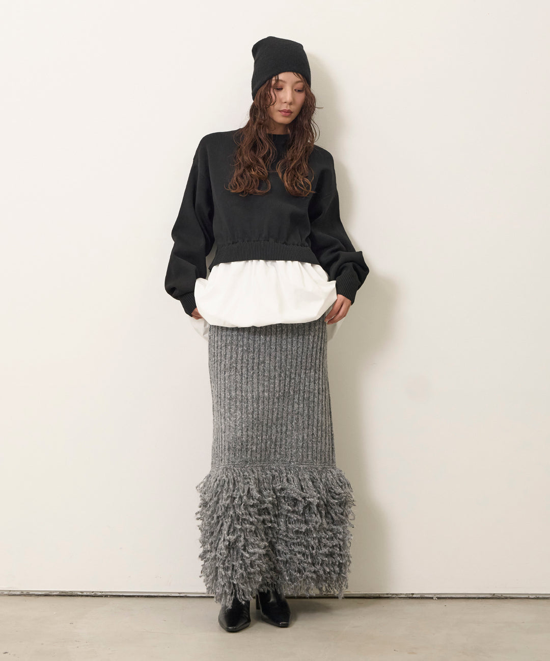 [SET]Balloon Texture Combi Knit+Fringe Knit Skirt