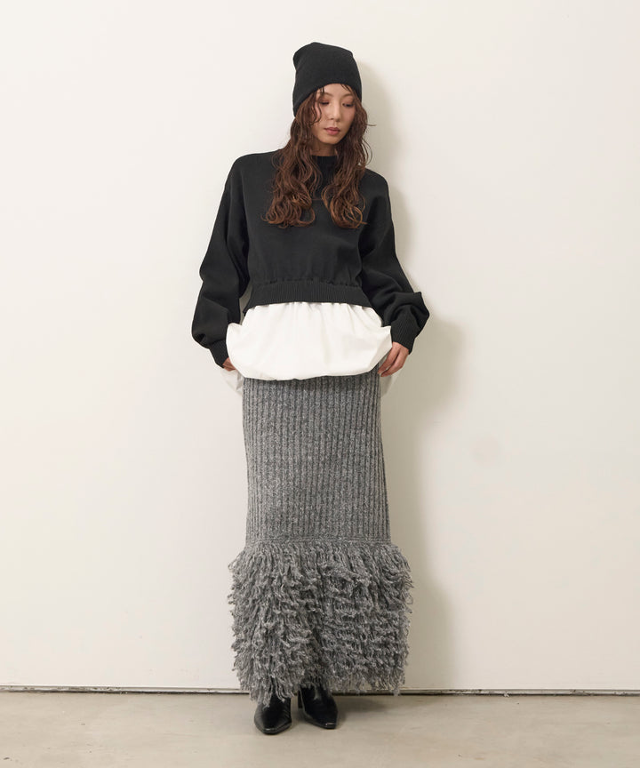 [SET]Balloon Texture Combi Knit+Fringe Knit Skirt