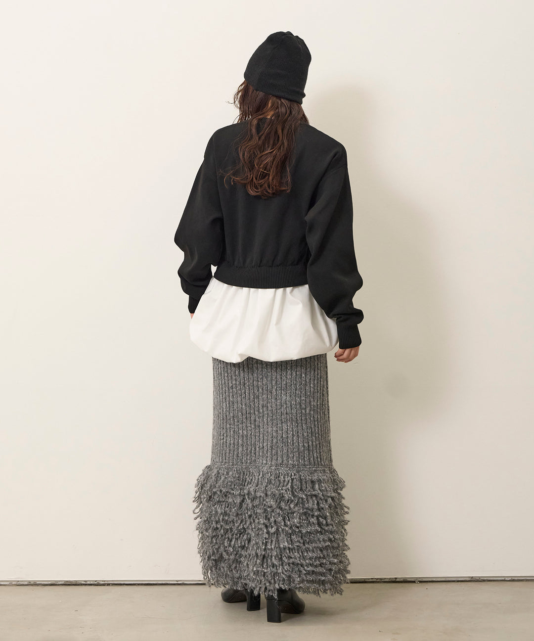 [SET]Balloon Texture Combi Knit+Fringe Knit Skirt