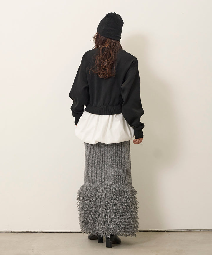 [SET]Balloon Texture Combi Knit+Fringe Knit Skirt