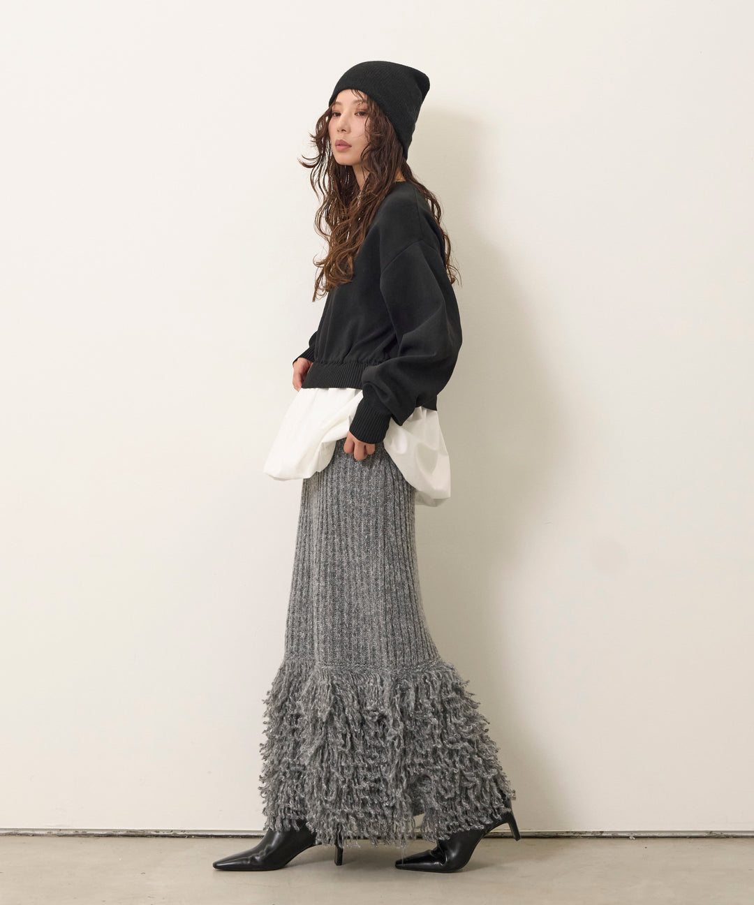 [SET]Balloon Texture Combi Knit+Fringe Knit Skirt