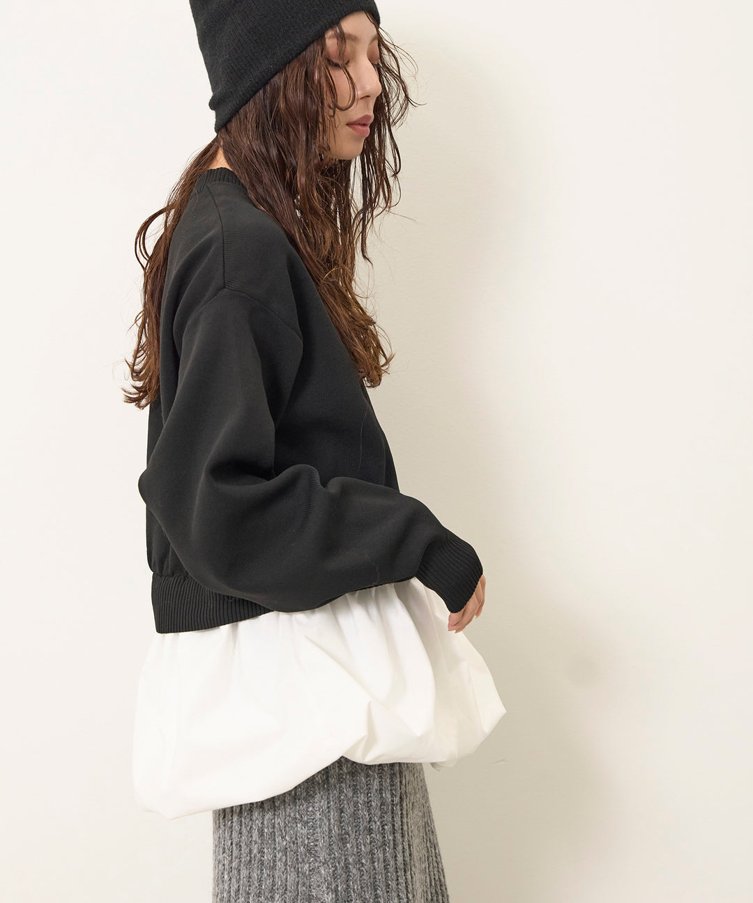 (eliuu)Balloon Texture Combi Knit