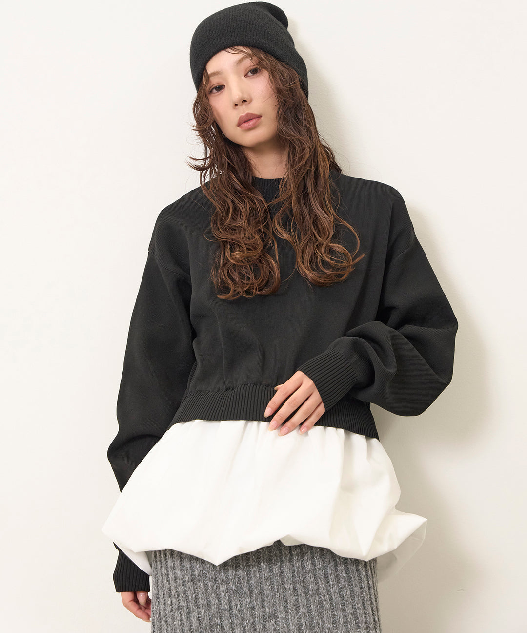 (eliuu)Balloon Texture Combi Knit