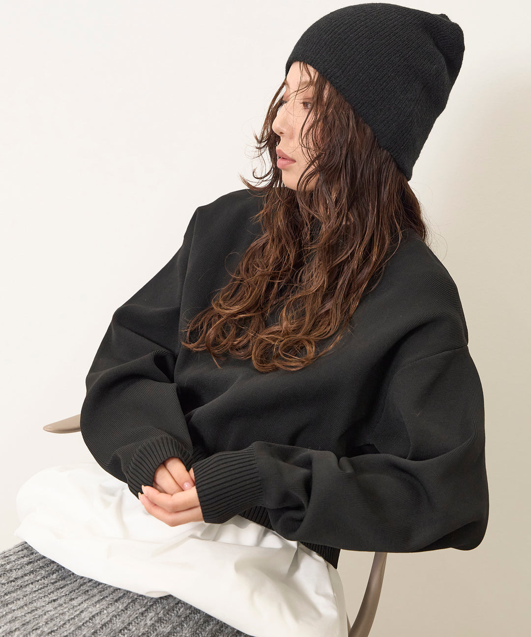 [SET]Balloon Texture Combi Knit+Fringe Knit Skirt