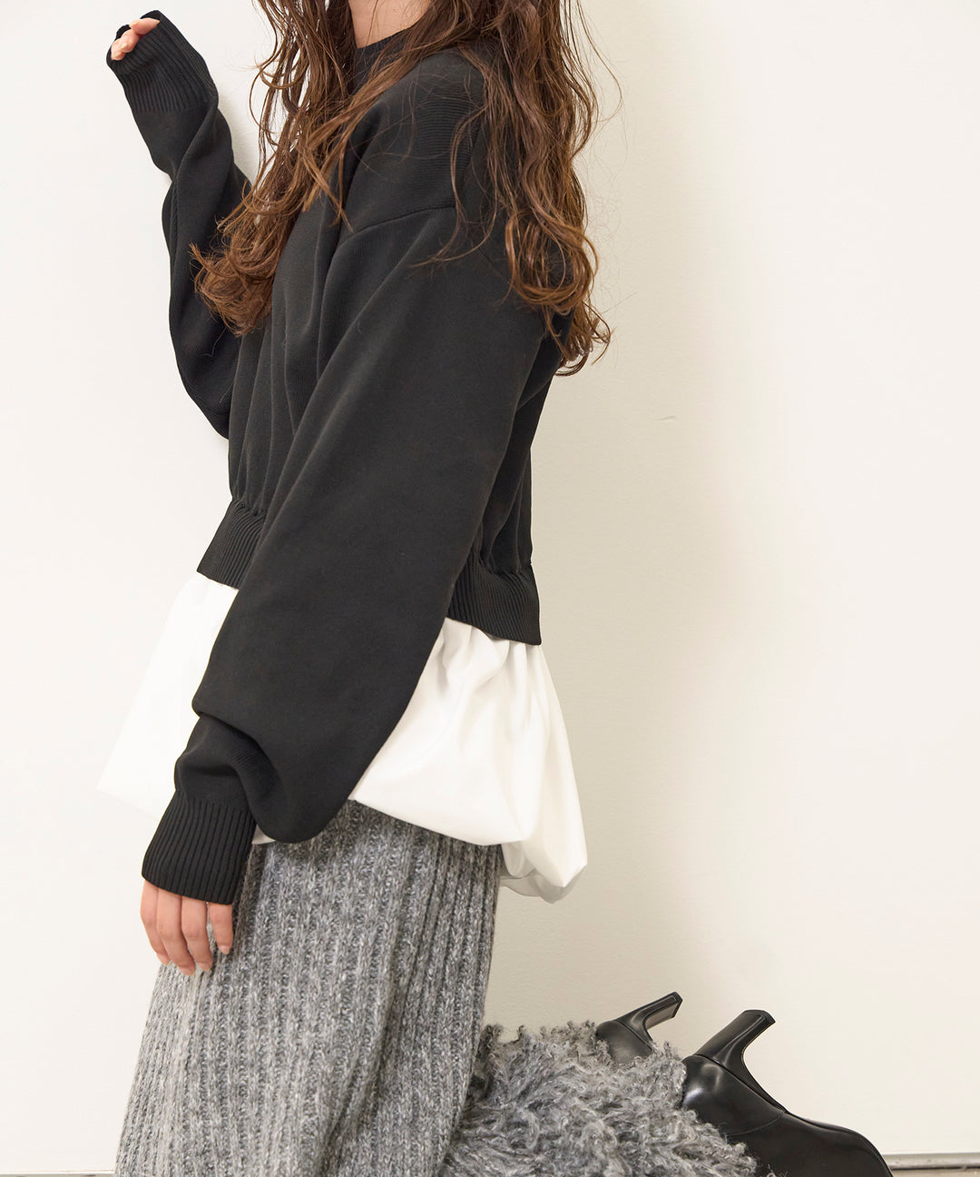 [SET]Balloon Texture Combi Knit+Fringe Knit Skirt