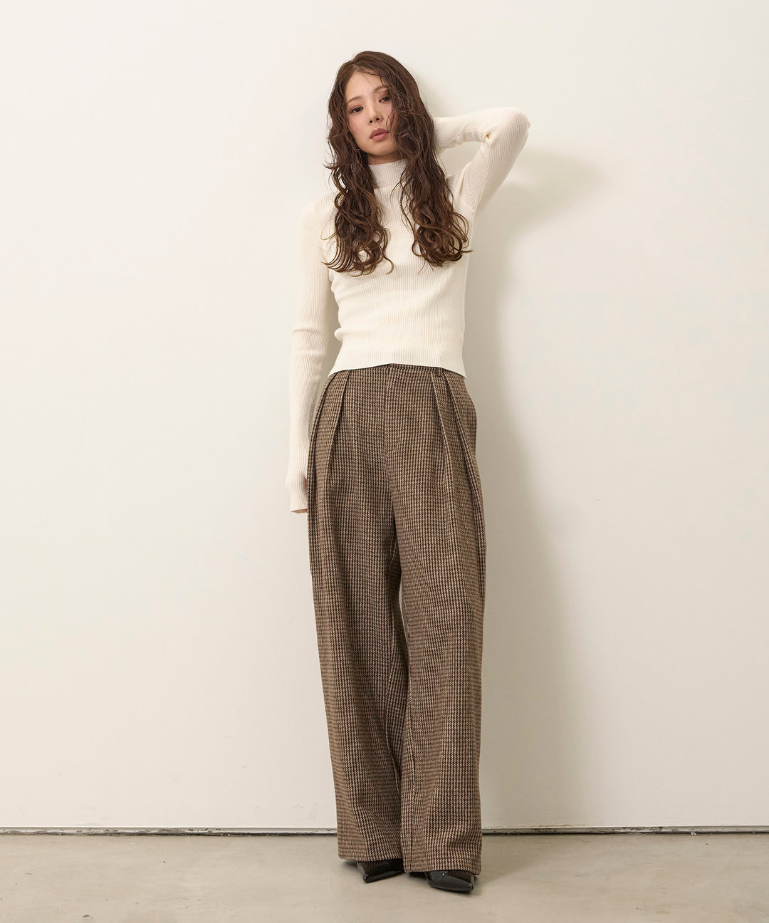 (eliuu)Clasical Check Tuck Trousers