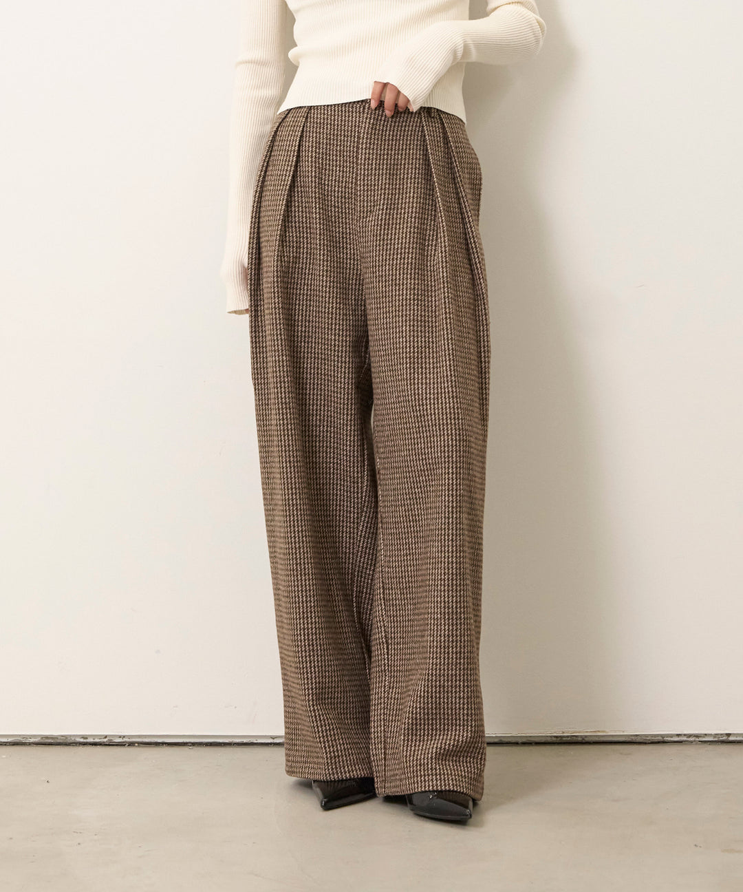 (eliuu)Clasical Check Tuck Trousers
