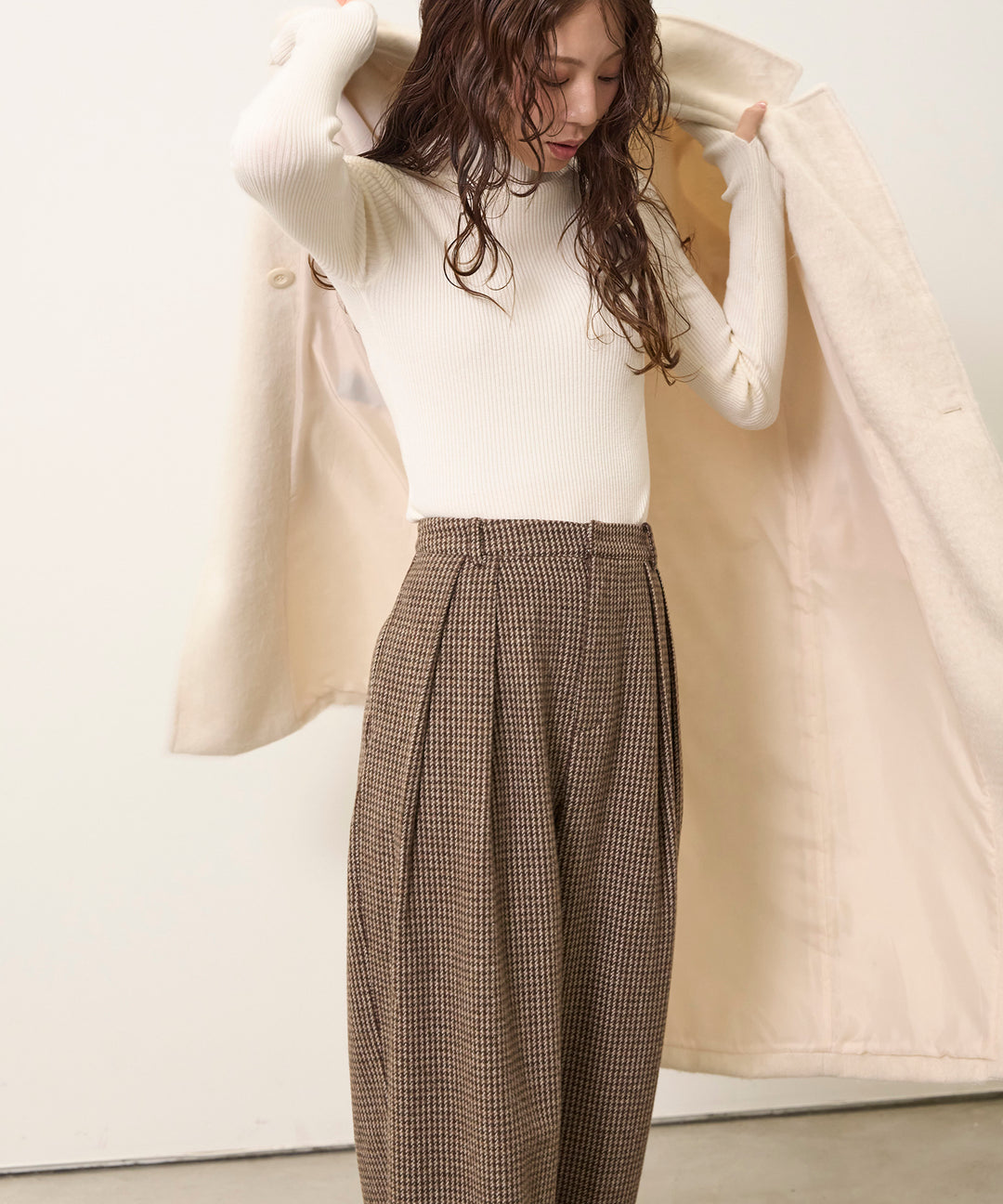 (eliuu)Clasical Check Tuck Trousers