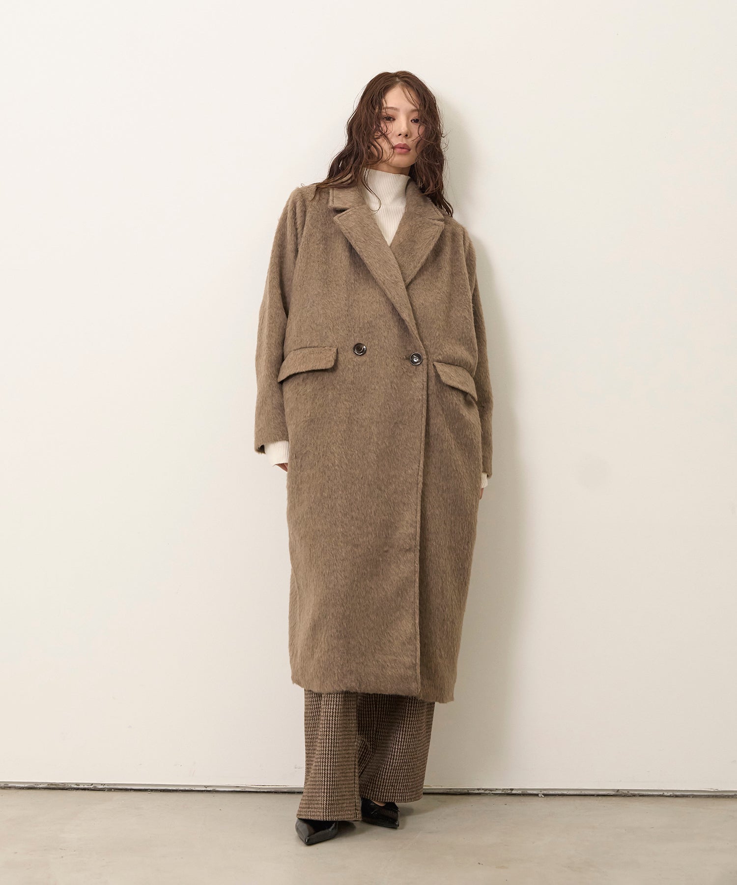 アッシーさん専用1 PIU1UGUALE3 CRAZY CHESTER COAT SET]Airy Shaggy Chester Coat+Clasical Check Tuck Trousers – MIELI