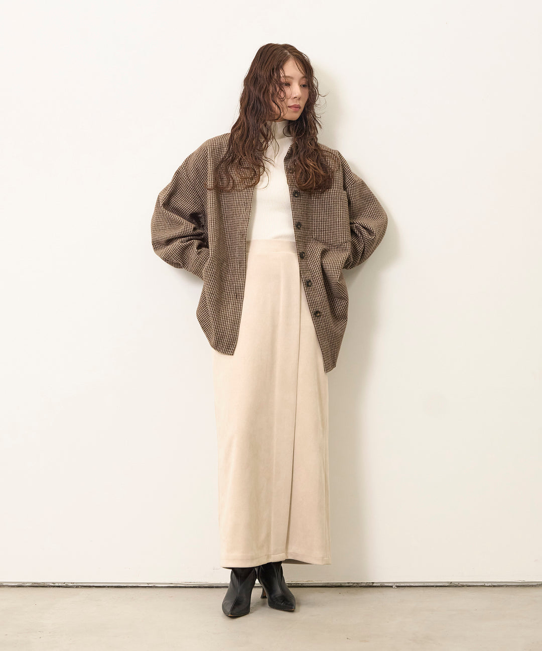 [SET]Clasical Check Wide Shirt JK+Suede Like Switch Skirt