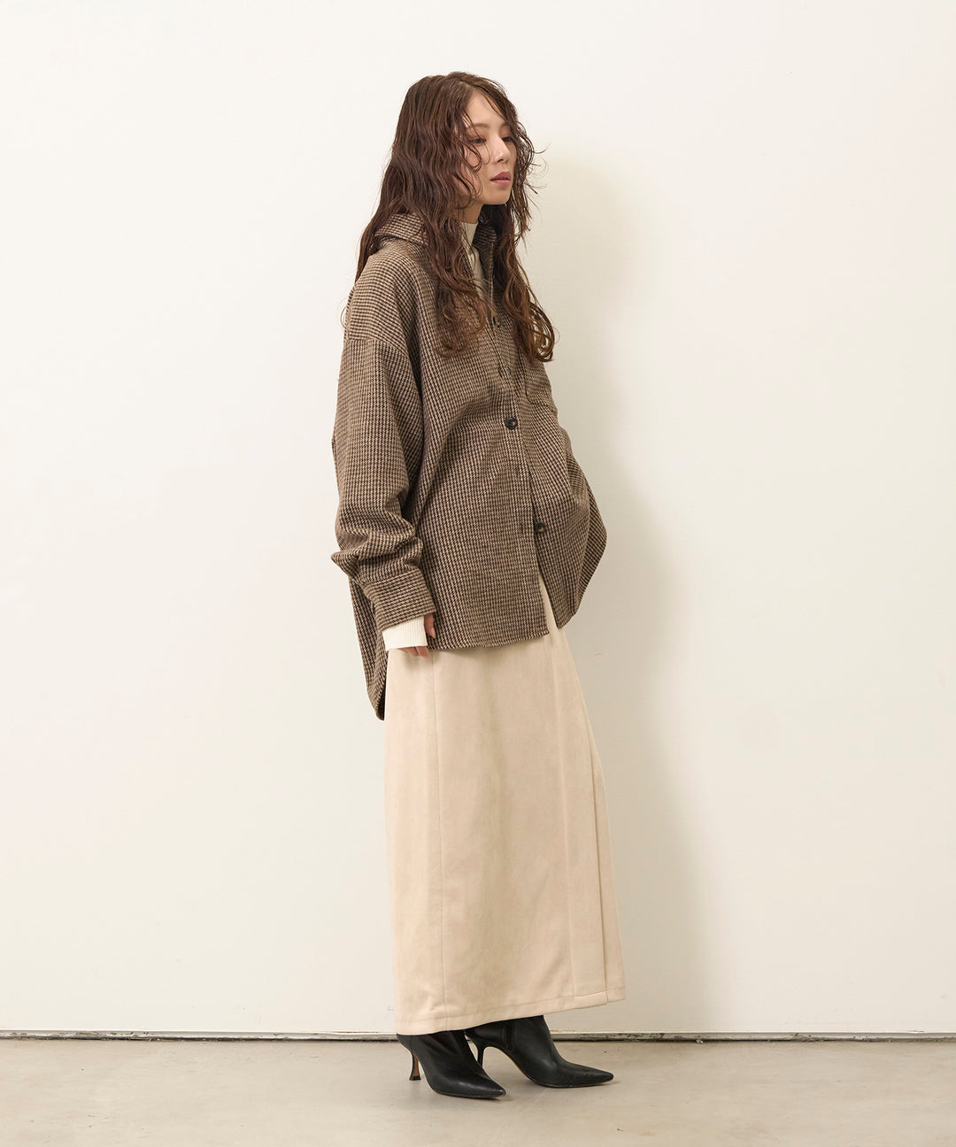 [SET]Clasical Check Wide Shirt JK+Suede Like Switch Skirt