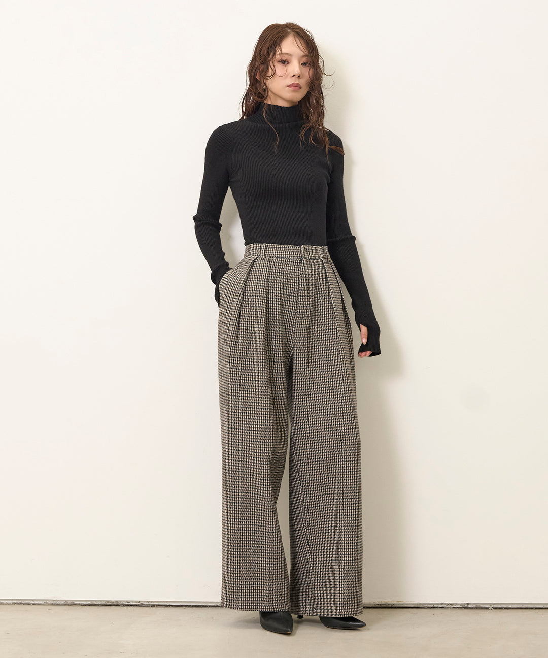 (eliuu)Clasical Check Tuck Trousers
