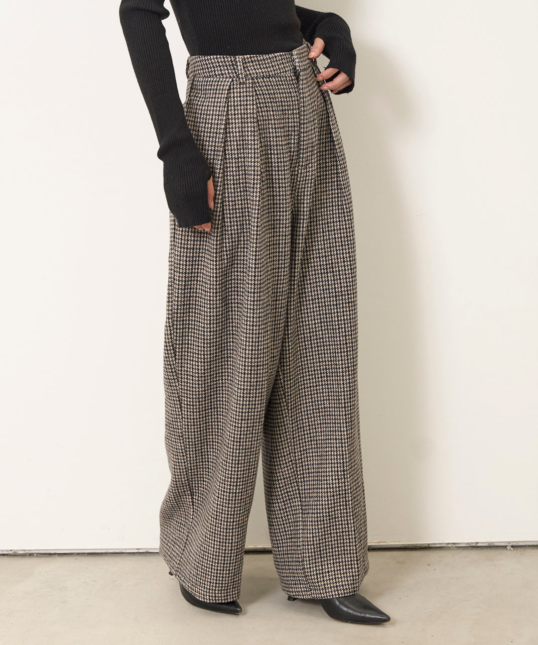 (eliuu)Clasical Check Tuck Trousers
